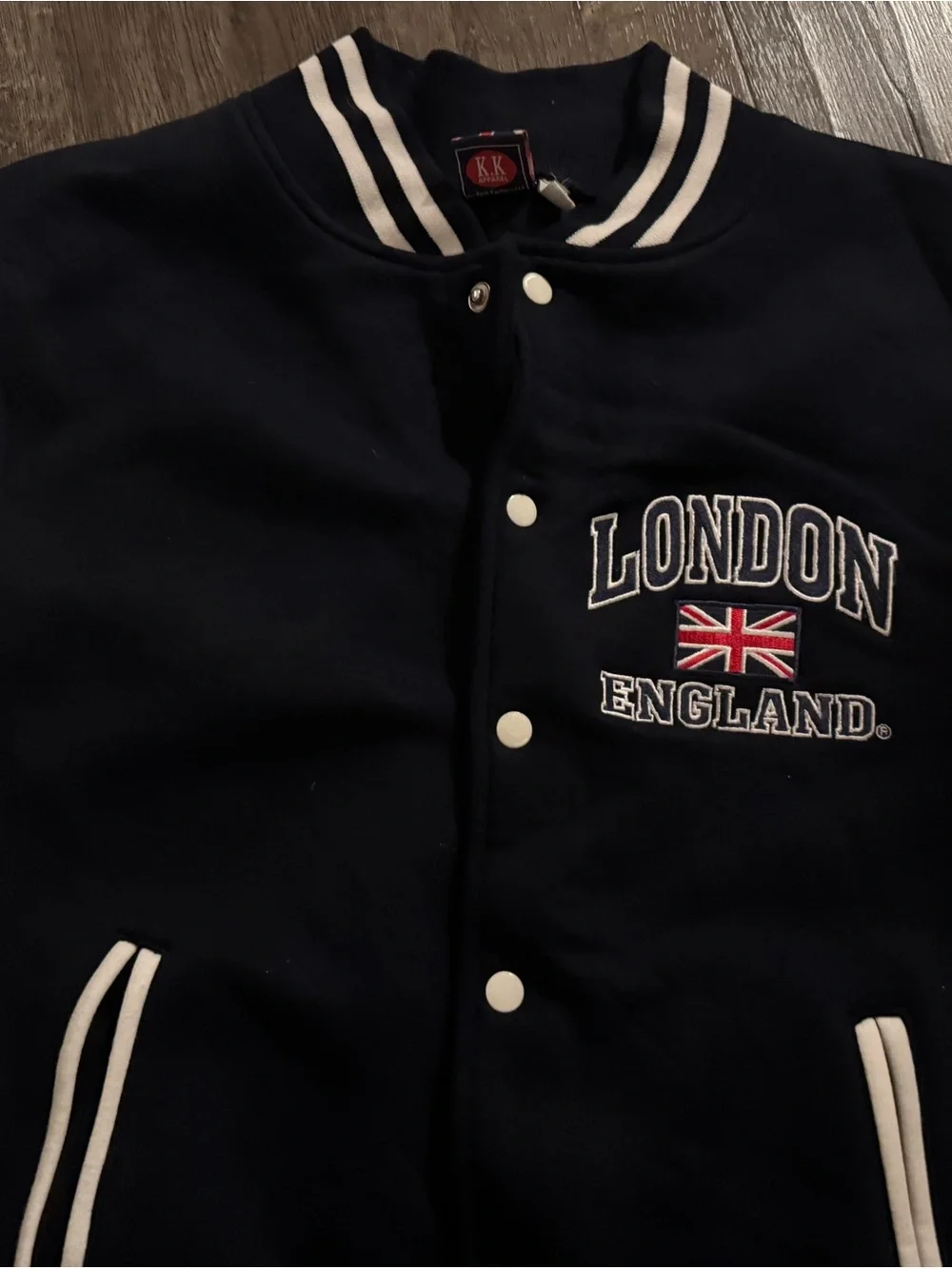 K.K Fashion Men's Navy/White Varsity London Jacket M Button Band Collar Pockets